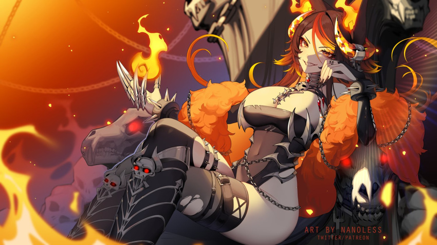 animal_ears artist_name black_leotard black_thighhighs blonde_hair blue_eyes blue_hair boots breasts brown_hair chain choker cleavage coat demon_horns fur_coat hair_ornament head_only horn_ornament horn_ring horns indie_virtual_youtuber large_breasts leotard long_hair looking_at_viewer multicolored_hair nanoless official_art orange_eyes orange_hair sinder_(vtuber) sinder_(vtuber)_(2nd_costume) sitting skull thigh_boots thigh_strap thighhighs throne torn_clothes torn_thighhighs twitter_username wolf_ears wolf_girl