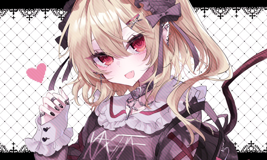 1girl alternate_costume backpack bag black_choker black_nails blonde_hair blush choker clothes_writing commentary_request fang fingernails flandre_scarlet heart highres long_hair long_sleeves looking_at_viewer nail_polish one_side_up open_mouth portrait rori82li skin_fang smile solo touhou yellow_eyes