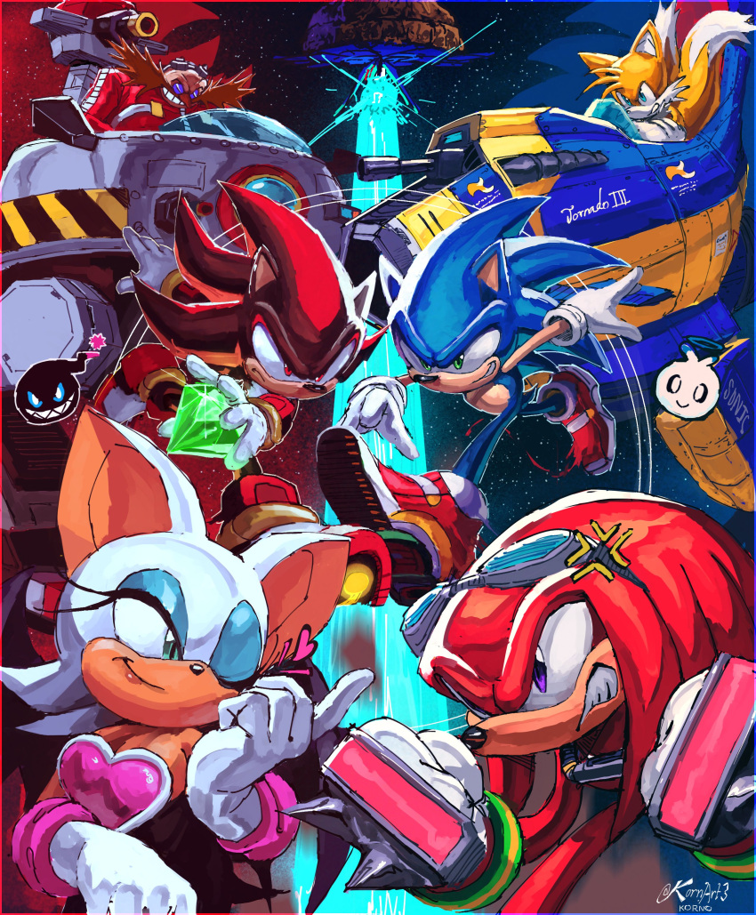 1girl 5girls absurdres aircraft airplane artist_logo artist_name chao_(sonic) chaos_emerald dr._eggman facial_hair glasses gloves heart highres knuckles_the_echidna kornart multiple_girls mustache one_eye_closed rouge_the_bat shadow_the_hedgehog shoes sonic_(series) sonic_adventure_2 sonic_the_hedgehog tails_(sonic) tornado_3_(sonic) watermark white_gloves