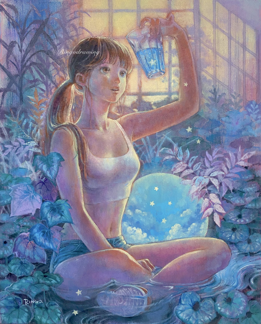 1girl bare_shoulders breasts brown_eyes brown_hair camisole collarbone commentary_request crop_top cup denim denim_shorts drinking_glass full_body highres holding holding_cup indian_style indoors leaf long_hair looking_at_object navel oil_painting_(medium) original painting_(medium) parted_lips partially_submerged plant ponytail ringodrawing shoes short_shorts shorts sitting small_breasts sneakers solo star_(symbol) traditional_media water white_camisole window