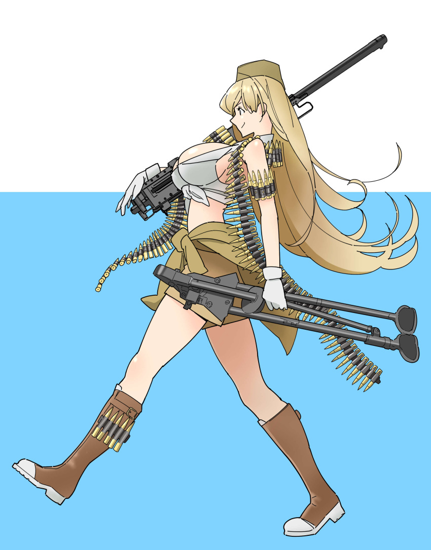 1girl absurdres boots breasts brown_footwear browning_m2 clothes_around_waist gear_(gearba50) girls'_frontline gun heavy_machine_gun highres holding holding_gun holding_tripod holding_weapon jacket jacket_around_waist knee_boots large_breasts long_hair looking_to_the_side m2hb_(girls'_frontline) machine_gun solo tank_top tripod weapon