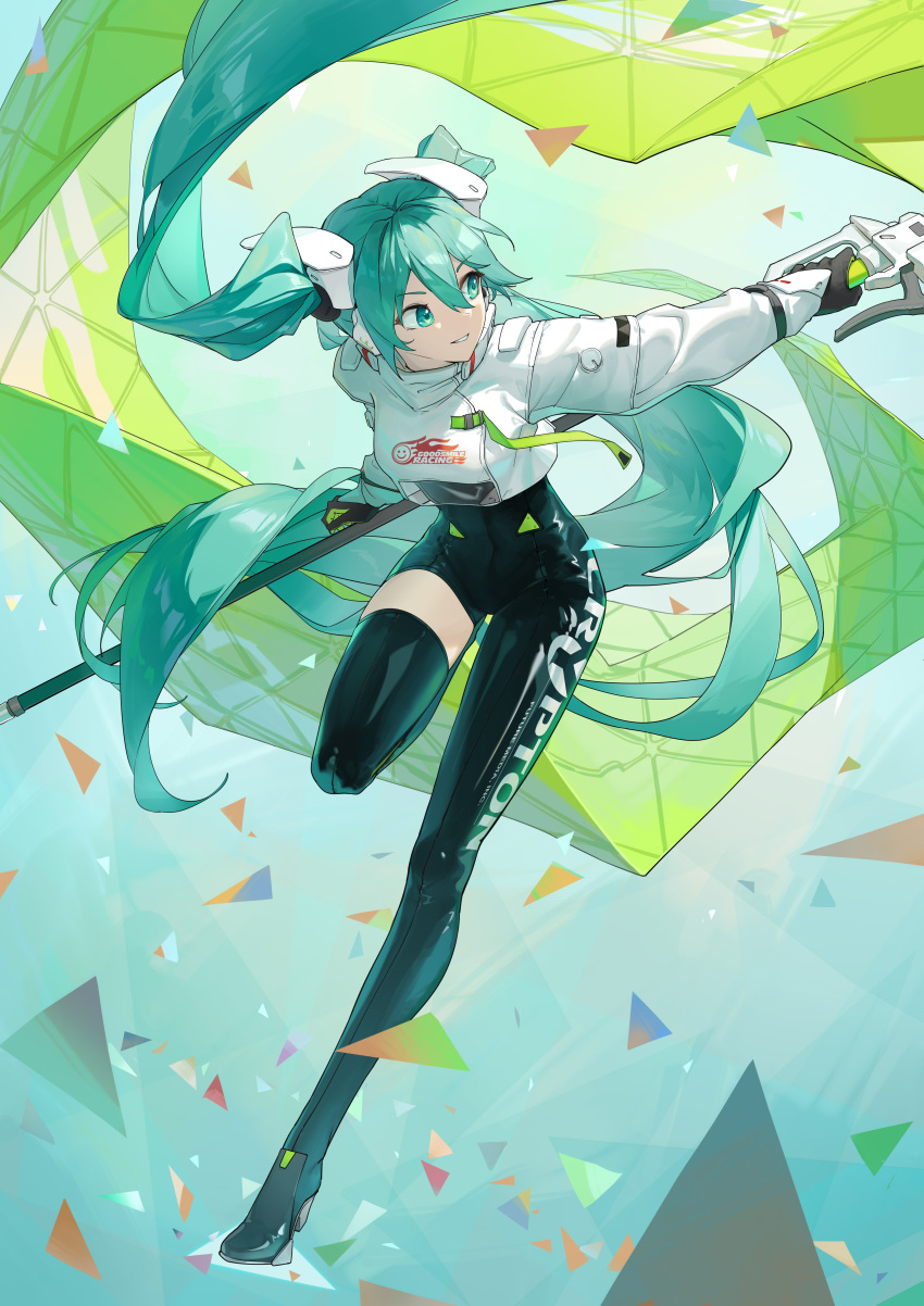 1girl absurdres asymmetrical_bodysuit black_bodysuit black_gloves bodysuit boots commentary_request cropped_jacket flag flagpole floating_hair full_body gloves green_flag green_gloves hatsune_miku highres holding holding_flag holding_pole jacket latex latex_bodysuit long_sleeves looking_to_the_side ly.t pole race_queen racing_miku racing_miku_(2022) single_leg_bodysuit single_thigh_boot single_thighhigh smile solo standing standing_on_one_leg text_print thigh_boots thighhighs twintails two-tone_gloves vocaloid white_jacket