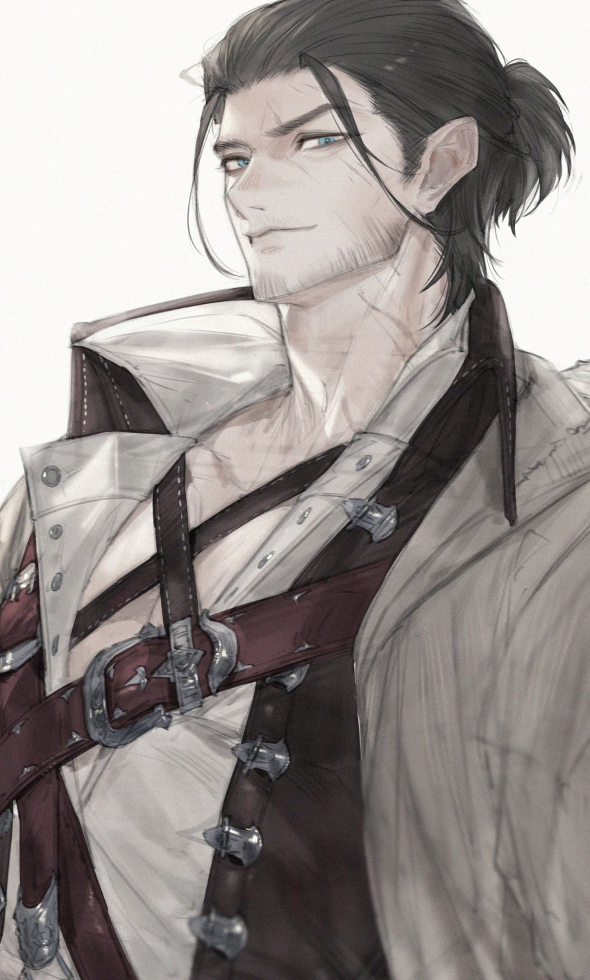 1boy absurdres adventurer_(ff14) beard_stubble chest_belt chest_harness final_fantasy final_fantasy_xiv final_fantasy_xiv_dawntrail hair_slicked_back harness highres leather_belt looking_at_viewer looking_to_the_side male_focus mature_male medium_hair mustache_stubble pectoral_cleavage pectorals scar scar_across_eye smile solo thick_eyebrows tladpwl03 upper_body warrior_of_light_(ff14)