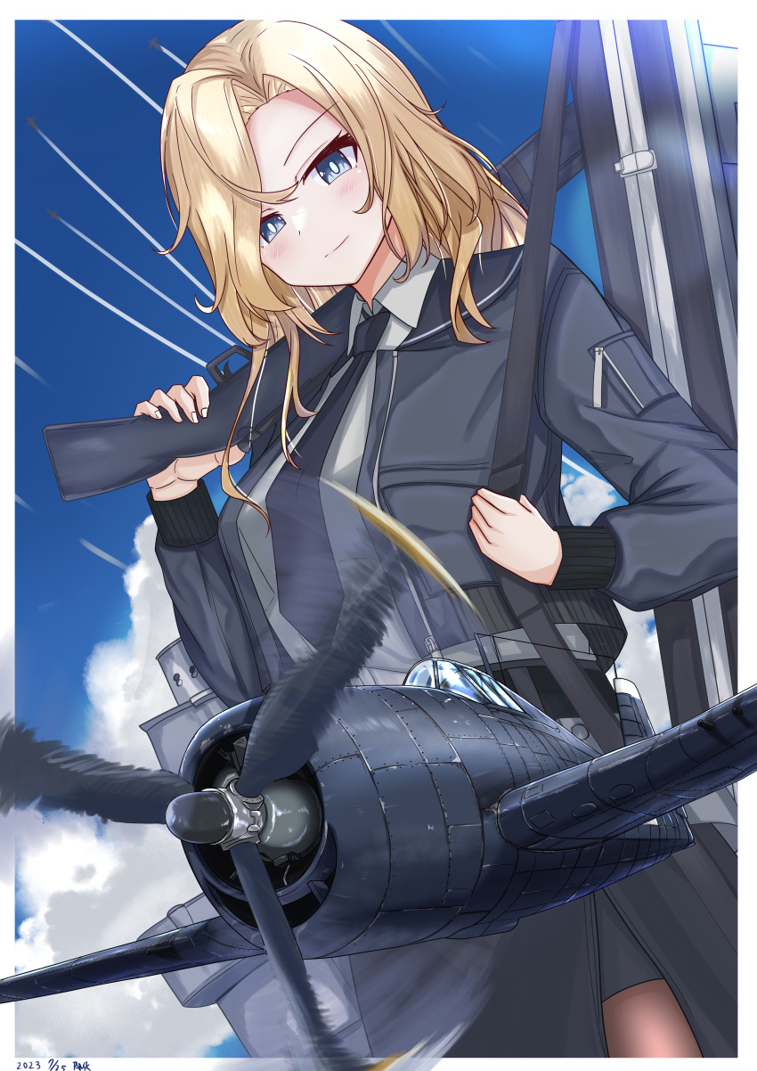 1girl absurdres aircraft airplane belt black_belt black_jacket black_necktie black_pantyhose black_skirt blonde_hair bomber_jacket contrail cowboy_shot dress_shirt f6f_hellcat grey_eyes gun highres hornet_(kancolle) jacket kantai_collection long_hair machinery necktie pantyhose pencil_skirt rifle shirt skirt solo standing tokiwa_senkei weapon weapon_case white_shirt