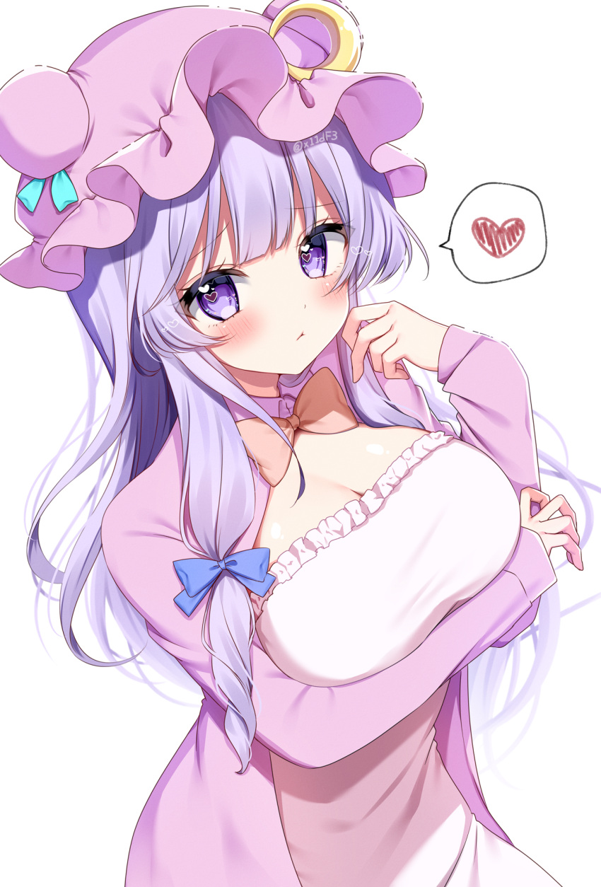 1girl :x arm_under_breasts blue_bow blue_ribbon blunt_bangs blush bow bowtie breasts cleavage closed_mouth commentary crescent crescent_hat_ornament dress hair_bow hat hat_ornament heart highres large_breasts long_hair looking_at_viewer mob_cap patchouli_knowledge pink_dress purple_eyes purple_hair red_bow red_bowtie ribbon shinonome_asu simple_background solo spoken_heart touhou twitter_username white_background