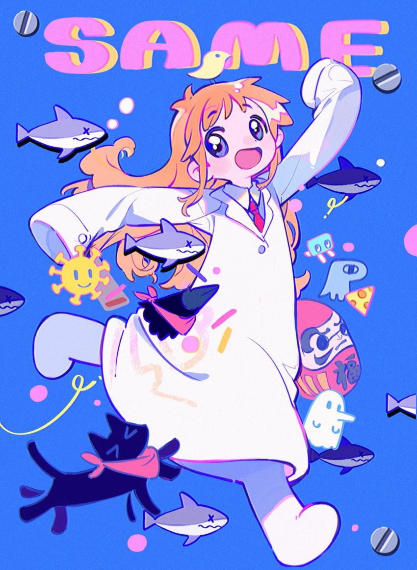 &gt;_&lt; 1girl bird black_cat blue_eyes blush_stickers cat closed_labcoat crow_(nichijou) daruma_doll highres labcoat long_sleeves mogura_(nichijou) necktie nichijou open_mouth orange_hair professor_shinonome red_necktie red_scarf renzhi00334233 romaji_commentary romaji_text running sakamoto_(nichijou) scarf shark sleeves_past_fingers sleeves_past_wrists smile