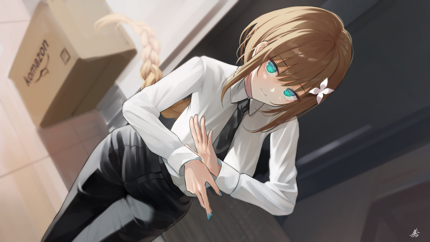 1girl absurdres aogiri_koukou black_necktie black_pants blue_eyes blue_nails blurry blurry_background box braid braided_ponytail brand_name_imitation breasts brown_hair collared_shirt flower hair_flower hair_ornament highres kkix25 kurikoma_komaru long_hair necktie office_lady pants shadow shirt signature solo virtual_youtuber white_flower white_hair