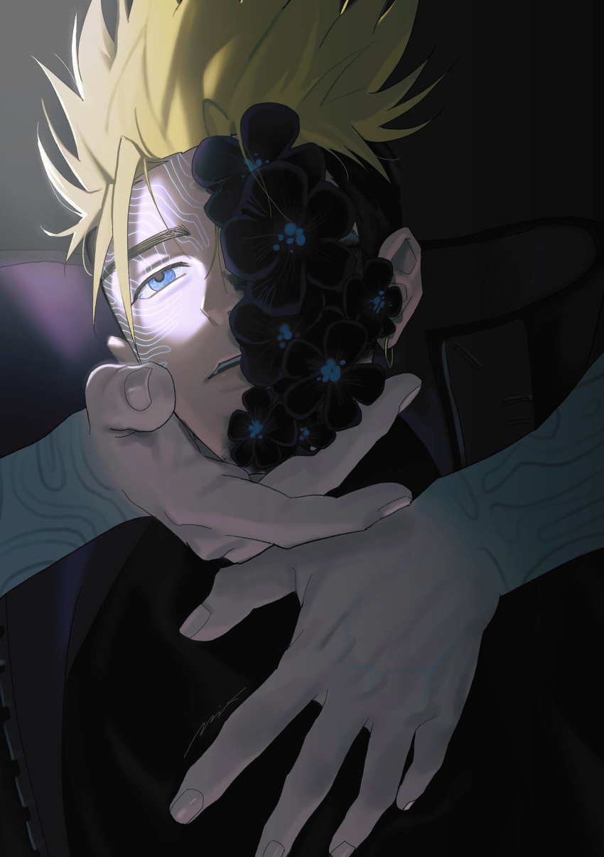2boys black_background black_flower black_jacket black_shirt blonde_hair blue_eyes earrings flower hand_on_another's_chest hand_on_another's_chin highres jacket jewelry looking_at_viewer male_focus millions_knives mix_(wkupmix) multiple_boys one_eye_covered out_of_frame parted_lips shirt short_hair single_earring spiked_hair trigun trigun_stampede upper_body vash_the_stampede