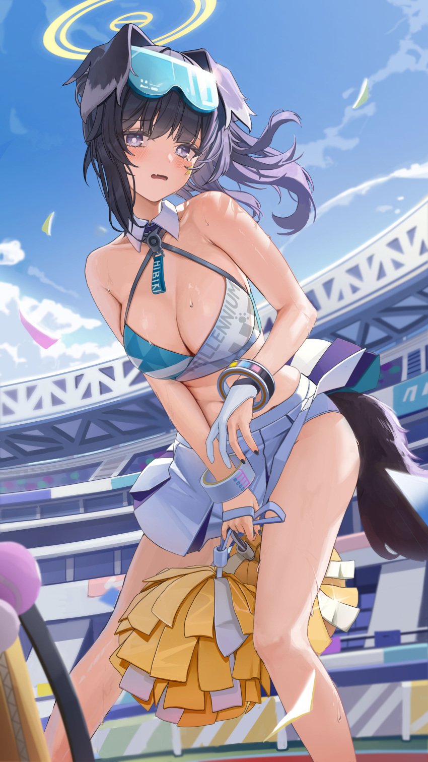 1girl absurdres animal_ears bare_arms bare_shoulders black_hair black_nails blue_archive blue_eyes blue_sky blush breasts cheerleader cleavage clothes_pull collarbone commentary_request crop_top day dog_ears dog_girl dog_tail embarrassed eyewear_on_head fang feet_out_of_frame gloves hallo_(rltkdydrltk) halo hibiki_(blue_archive) hibiki_(cheer_squad)_(blue_archive) highres holding holding_pom_poms korean_commentary large_breasts looking_at_viewer millennium_cheerleader_outfit_(blue_archive) miniskirt nail_polish navel official_alternate_costume open_mouth outdoors panties parted_lips pom_pom_(cheerleading) skin_fang skirt skirt_pull sky solo standing sweat tail thighs underwear white_panties white_skirt yellow_halo