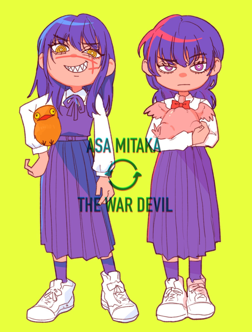 2girls bucky_(chainsaw_man) chainsaw_man demon drgryu750 dual_persona evil_smile expressionless fourth_east_high_school_uniform hair_down highres holding long_hair mitaka_asa multiple_girls ponytail purple_eyes school_uniform sharp_teeth shoes smile sneakers teeth war_devil_(chainsaw_man) yellow_eyes yoru_(chainsaw_man)