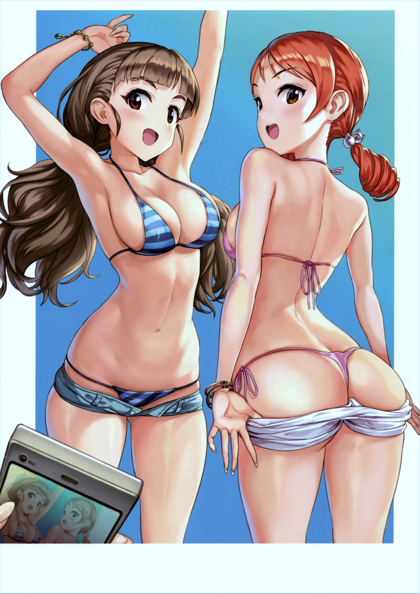 2girls :d absurdres alternate_hairstyle armpits arms_up ass back bare_shoulders bikini bikini_under_clothes blue_bikini blue_shorts blunt_bangs blush bracelet breasts brown_hair cellphone cellphone_picture cleavage clothes_pull drill_hair fingernails from_behind hair_ornament halterneck hamahama highres hojo_karen idolmaster idolmaster_cinderella_girls jewelry kamiya_nao long_fingernails long_hair looking_at_viewer looking_back low_twintails medium_breasts multiple_girls navel no_shirt open_clothes open_fly open_mouth open_shorts orange_hair phone pink_bikini pinky_out pulled_by_self red_eyes round_teeth scan short_shorts shorts shorts_pull side-tie_bikini_bottom sideboob skindentation smartphone smile stomach string_bikini striped striped_bikini swimsuit taking_picture teeth thong thong_bikini twin_drills twintails white_shorts