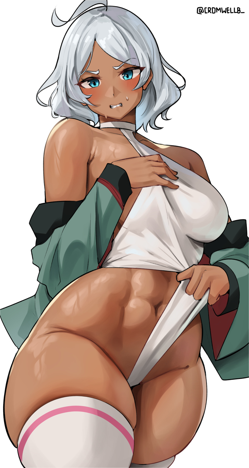 1girl abs absurdres asticassia_school_uniform bare_shoulders blue_eyes blush breasts clenched_teeth cowboy_shot cromwellb dark-skinned_female dark_skin green_jacket grey_hair gundam gundam_suisei_no_majo hair_tuft halter_leotard highres jacket large_breasts leotard leotard_pull looking_at_viewer muscular muscular_female navel off_shoulder parted_bangs pulled_by_self school_uniform secelia_dote short_hair skindentation solo sweat sweatdrop teeth thick_thighs thighhighs thighs twitter_username white_background white_leotard white_thighhighs