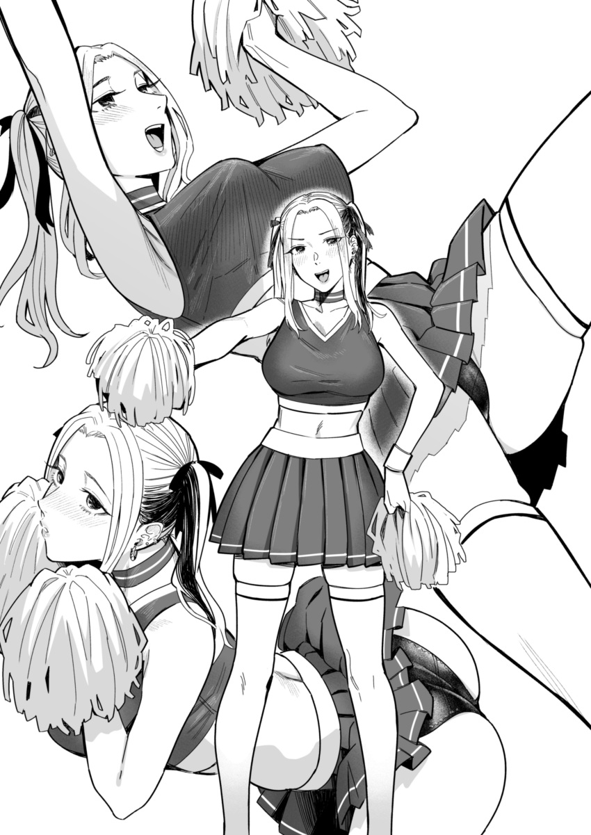 1girl absurdres ass bare_shoulders bent_over blush cheerleader commentary crop_top greyscale hair_ribbon hand_on_own_hip highres holding holding_pom_poms kyuuso_inukami looking_at_viewer medium_hair midriff miniskirt monochrome multiple_views navel original panties pantyshot pleated_skirt pom_pom_(cheerleading) ribbon simple_background skirt tank_top thighhighs twintails underwear upskirt white_background wrist_cuffs zettai_ryouiki