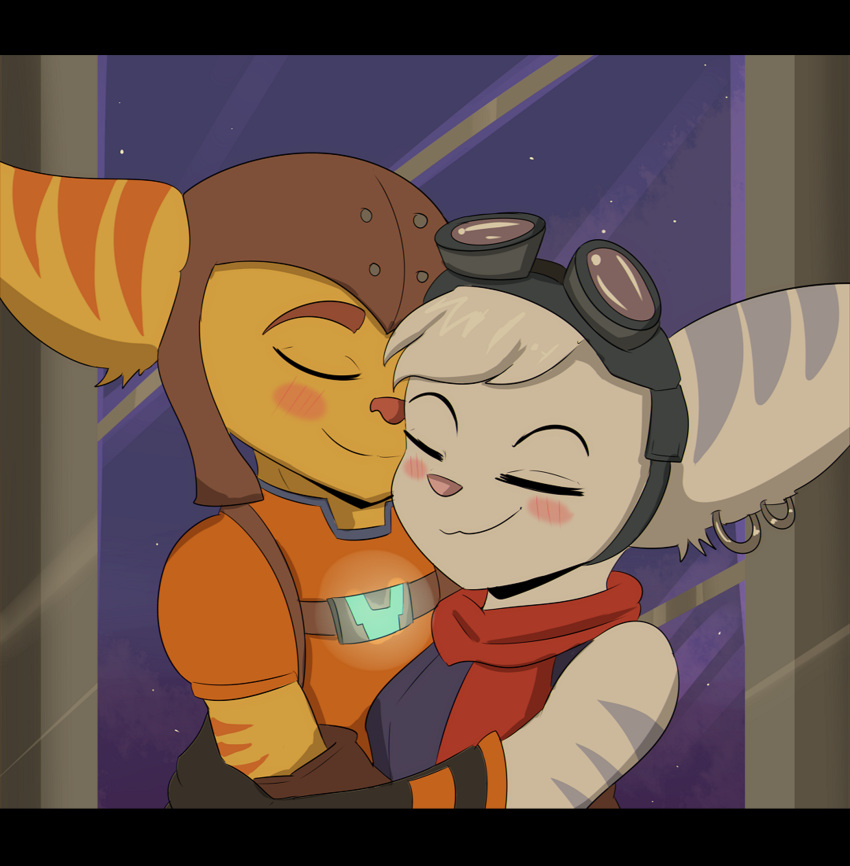 clothing duo ear_piercing elevator eyewear eyewear_on_head female fur gloves goggles goggles_on_head handwear hi_res lombax love male male/female mammal nuzzling piercing ratchet ratchet_and_clank revov_drawings rivet_(ratchet_and_clank) romantic romantic_ambiance romantic_couple sony_corporation sony_interactive_entertainment white_body white_fur yellow_body yellow_fur