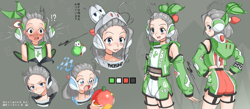 1girl absurdres ahoge angry bare_shoulders blue_eyes bow concept_art detached_sleeves drooling eriott fingerless_gloves food fruit gloves grey_hair hair_bow hair_pulled_back harness headset highres holding holding_food holding_fruit hood hood_down hood_up jacket long_sleeves looking_at_viewer mario_(series) open_mouth personification short_hair shorts smile surprised tongue tongue_out yoshi yoshi_egg