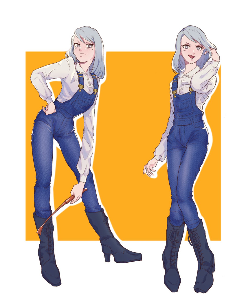 1girl ace_attorney arm_at_side azekawa black_footwear blue_hair blue_overalls boots border closed_mouth collared_shirt cross-laced_footwear franziska_von_karma grey_eyes hand_on_own_hip hand_up highres holding_riding_crop knee_boots knees_together_feet_apart lace-up_boots leaning_forward legs_apart medium_hair mole mole_under_eye multiple_views open_mouth outside_border overalls pocket shirt smile smug standing swept_bangs v-shaped_eyebrows white_border white_shirt yellow_background