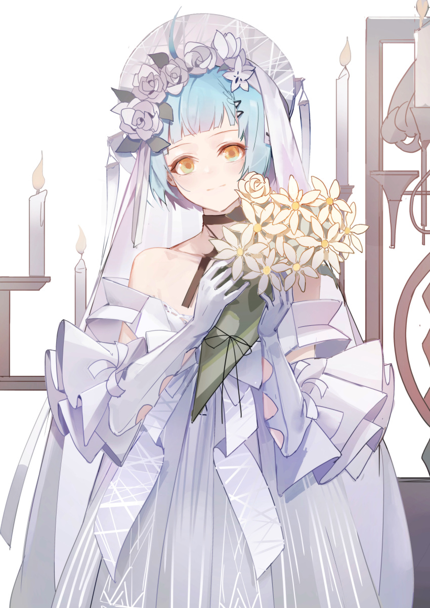 1girl absurdres ahoge bare_shoulders black_choker blue_hair bouquet candle choker closed_mouth collarbone commentary cowboy_shot dress elbow_gloves flower girls'_frontline gloves hair_flower hair_ornament highres holding holding_bouquet looking_at_viewer luozhou_pile official_alternate_costume rose short_hair smile solo standing strapless strapless_dress veil wedding_dress white_dress white_flower white_gloves white_rose yellow_eyes zas_m21_(affections_behind_the_bouquet)_(girls'_frontline) zas_m21_(girls'_frontline)