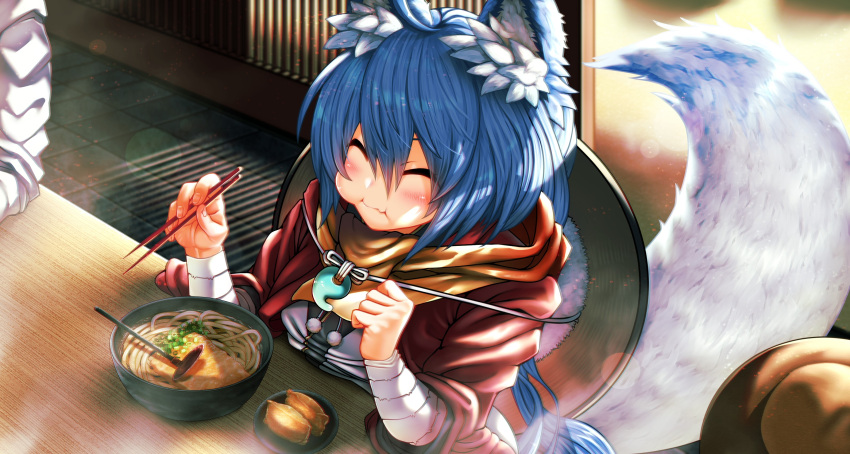 1boy 1girl aburaage ajirogasa animal_ear_fluff animal_ears backlighting bandaged_arm bandages blue_hair chopsticks closed_eyes closed_mouth commentary_request eating food food_focus fox_ears fox_tail hair_between_eyes hand_on_headwear hand_up haori hat highres holding holding_chopsticks indoors japanese_clothes jewelry light_blue_hair long_hair long_sleeves low_ponytail magatama magatama_necklace murasame_sukehiro_(tenka_hyakken) necklace noodles orange_scarf patchwork_fat. ramen scarf shirt smile solo_focus table tail tenka_hyakken white_shirt