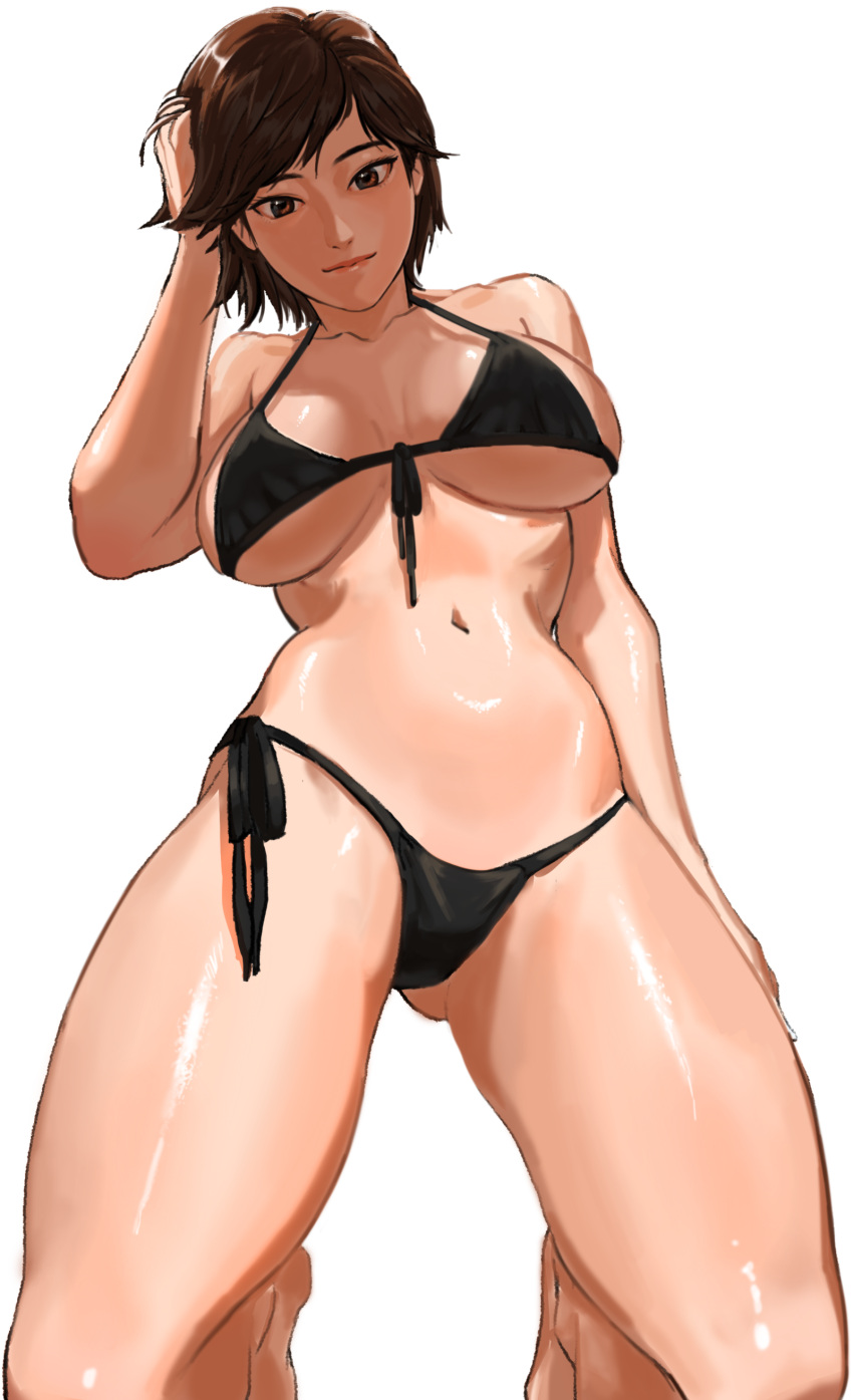 1girl absurdres bikini black_bikini breasts brown_eyes brown_hair cleavage closed_mouth collarbone highres kazama_asuka looking_at_viewer navel nutro shiny_skin short_hair simple_background smile solo stomach string_bikini swimsuit tekken tekken_7 white_background