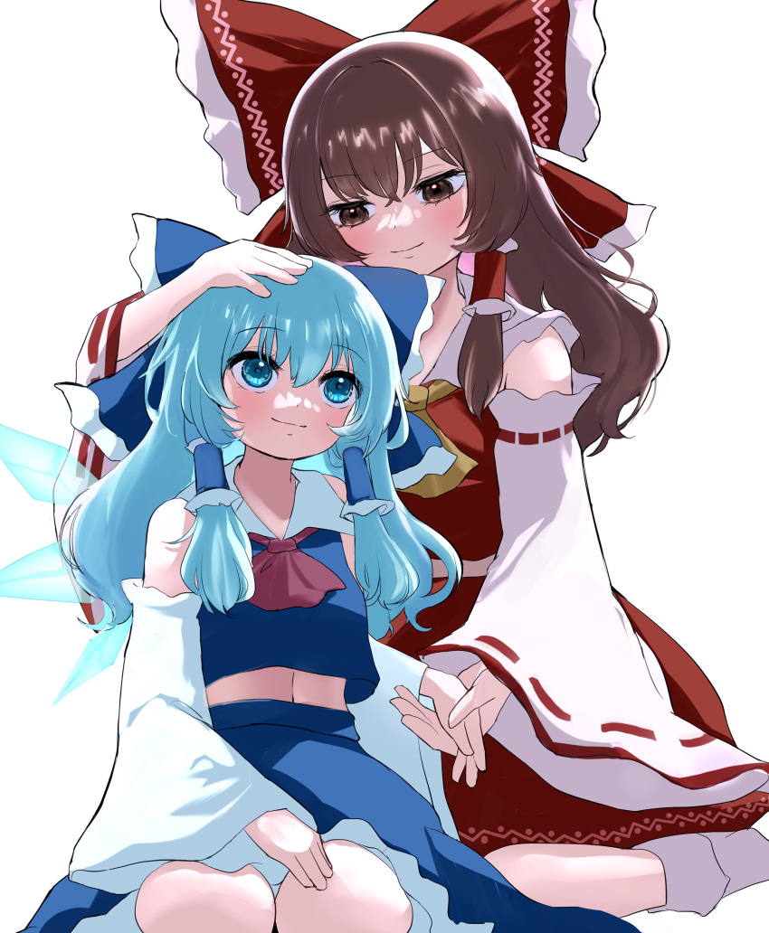 2girls absurdres ascot bare_shoulders bow brown_eyes brown_hair cirno commentary_request cosplay detached_sleeves frilled_bow frilled_hair_tubes frills gohei hair_bow hair_tubes hakurei_reimu hakurei_reimu_(cosplay) half-closed_eyes hand_on_another's_head highres ice ice_wings looking_at_another midriff mikan_(manmarumikan) multiple_girls navel red_bow ribbon-trimmed_sleeves ribbon_trim simple_background skirt touhou white_background white_sleeves wide_sleeves wings yellow_ascot yuri