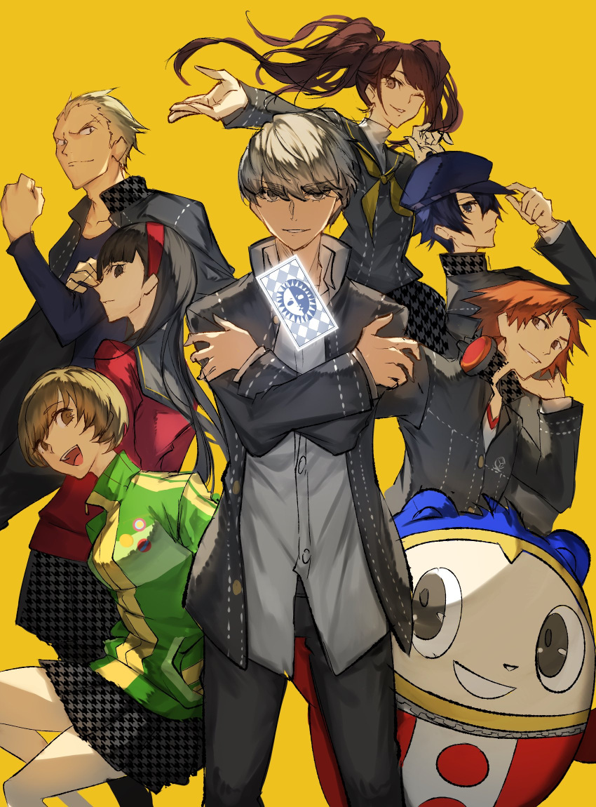 1other 3boys 4girls amagi_yukiko anniversary black_hair blonde_hair blue_hair blue_headwear brown_hair green_jacket grey_hair hairband hanamura_yousuke highres jacket kashia kujikawa_rise kuma_(persona_4) long_hair looking_at_viewer multiple_boys multiple_girls narukami_yuu open_clothes open_jacket parted_lips persona persona_4 pleated_sj red_hairband satonaka_chie school_uniform shirogane_naoto short_hair smile tarot tatsumi_kanji twintails yasogami_school_uniform yellow_background