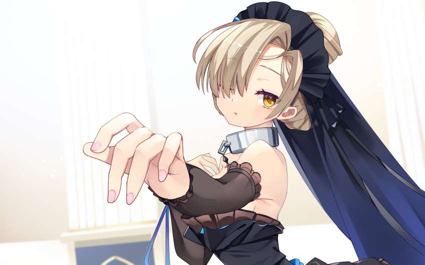 1girl ? azur_lane bare_shoulders black_bow black_dress black_ribbon blonde_hair blurry blush bow breasts brown_eyes choker closed_mouth detached_collar detached_sleeves dress frilled_dress frills from_side hair_bow hair_ornament hair_over_one_eye hair_ribbon highres indoors jewelry lolita_fashion long_hair long_sleeves looking_at_viewer medium_breasts nail_polish off_shoulder open_mouth parted_lips ribbon sheffield_(azur_lane) simple_background sleeves_past_wrists solo upper_body very_long_hair yayoi_asuka yellow_eyes