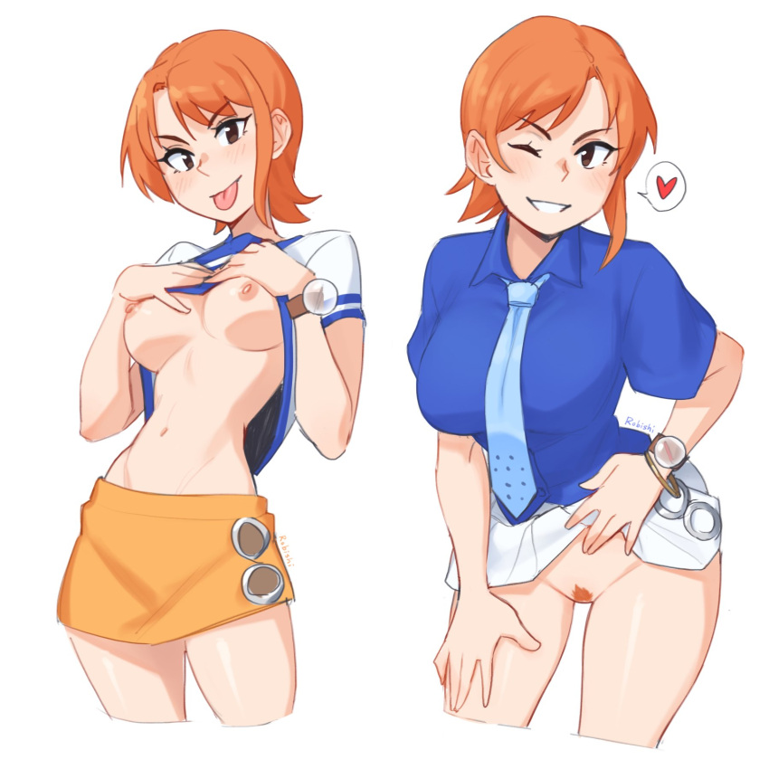 1girl blue_shirt breasts highres large_breasts miniskirt nami_(one_piece) nipples one_piece orange_hair orange_skirt pussy rob_ishi shirt skirt