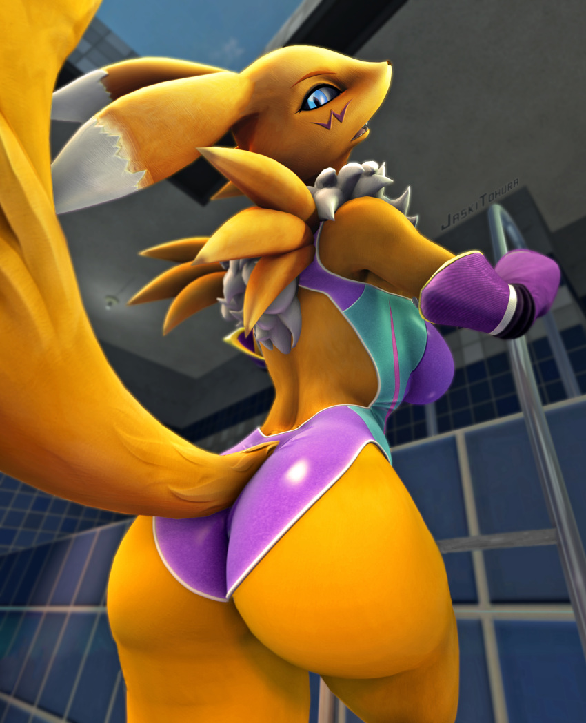 3d_(artwork) anthro armwear bandai_namco big_butt blue_clothing blue_eyes blurred_background breasts bridal_gauntlets butt butt_focus canid canine clothed clothing curvy_figure digimon digimon_(species) digital_media_(artwork) dipstick_ears facial_markings female fur head_markings head_tilt hi_res jaskitohura looking_at_viewer looking_back looking_back_at_viewer looking_down mammal markings multicolored_body multicolored_ears multicolored_fur neck_tuft one-piece_swimsuit open_mouth poolside purple_clothing raised_tail rear_view renamon shoulder_tuft signature solo source_filmmaker surprise surprised_expression swimming_pool swimwear tail tattoo teeth thick_thighs tongue tuft two_tone_body two_tone_fur wedgie white_body white_fur wide_hips yellow_body yellow_fur
