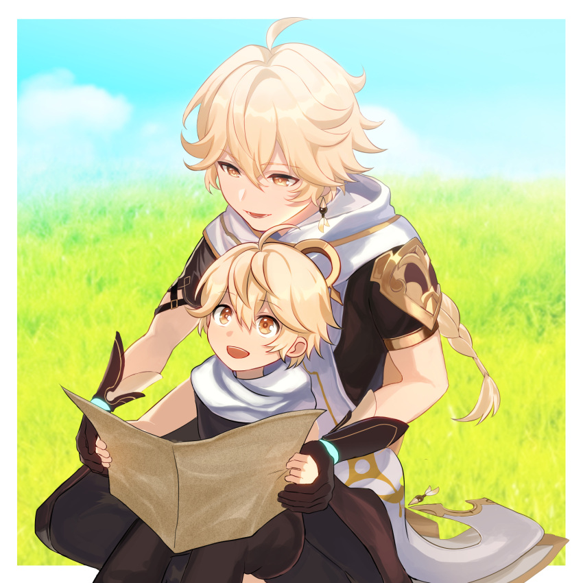 2boys aether_(genshin_impact) aged_down blonde_hair braid brown_gloves brown_pants child earrings father_and_son genshin_impact gloves hair_between_eyes hair_ornament highres holding holding_map holding_paper jewelry long_hair male_focus map multiple_boys open_mouth pants paper scarf tahol_dr white_scarf yellow_eyes