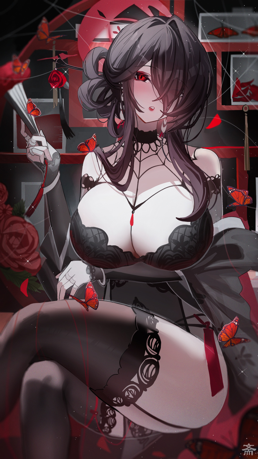 1girl absurdres bare_shoulders black_garter_straps black_hair black_thighhighs blue_archive blush detached_sleeves eyes_visible_through_hair feet_out_of_frame folding_fan garter_straps hair_over_one_eye halo hand_fan highres holding holding_fan kokuriko_(blue_archive) long_hair long_sleeves looking_at_viewer parted_lips red_eyes red_halo sitting solo tansuan_(ensj3875) thighhighs thighs