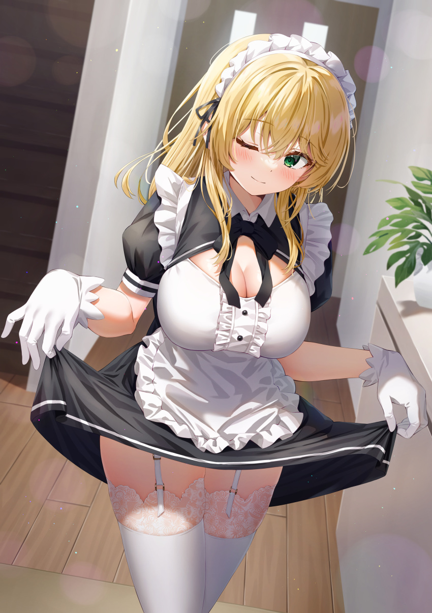 1girl absurdres alternate_costume apron black_dress blonde_hair bow bowtie breasts cleavage closed_mouth curtsey dress enmaided frilled_apron frills garter_straps gloves green_eyes highres indoors kuria_(clear_trip_second) large_breasts long_hair looking_at_viewer maid maid_apron maid_headdress novel_illustration official_art omiai_shitakunakatta_no_de_murinandai_na_jouken_o_tsuketara_doukyuusei_ga_kita_ken_ni_tsuite one_eye_closed second-party_source short_sleeves smile solo standing textless_version thighhighs thighs white_gloves white_thighhighs wing_collar yukishiro_arisa