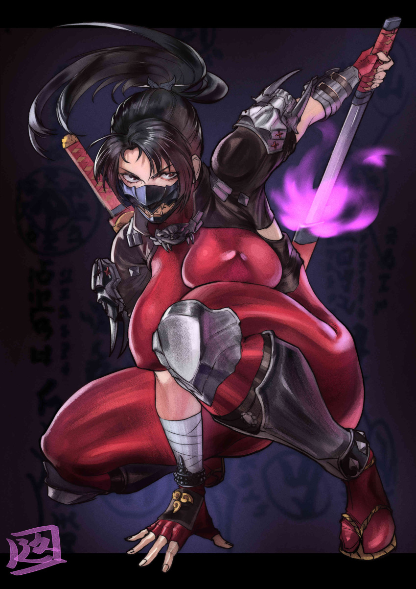 1girl absurdres black_hair bodysuit breasts brown_eyes fingerless_gloves gloves highres impossible_bodysuit impossible_clothes juaag_acgy large_breasts long_hair mask mouth_mask ninja ninjatou ponytail red_bodysuit sheath sheathed shin_guards short_sword shoulder_guard solo soulcalibur sword sword_on_back tabi taki_(soulcalibur) weapon weapon_on_back