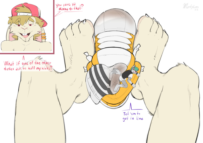 absurd_res anthro dialogue dirty_socks duo feet foot_fetish foot_focus hi_res inside_shoe lagomorph leporid male male/male mammal markybuns micro rabbit speech_bubble