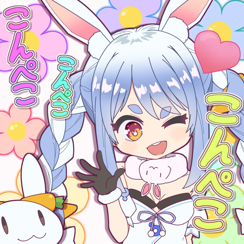 1girl 1other :3 animal_ears blue_hair braid breasts carrot_hair_ornament cleavage commentary detached_sleeves don-chan_(usada_pekora) floral_background food-themed_hair_ornament fur-trimmed_gloves fur_trim gloves hair_ornament heart highres hololive leizero multicolored_hair nousagi_(usada_pekora) one_eye_closed open_mouth orange_eyes puffy_short_sleeves puffy_sleeves rabbit-shaped_pupils rabbit_ears rabbit_girl raised_eyebrow round_teeth short_sleeves sidelocks small_breasts smile solid_oval_eyes symbol-shaped_pupils teeth thick_eyebrows translation_request twin_braids two-tone_hair upper_body usada_pekora virtual_youtuber white_hair