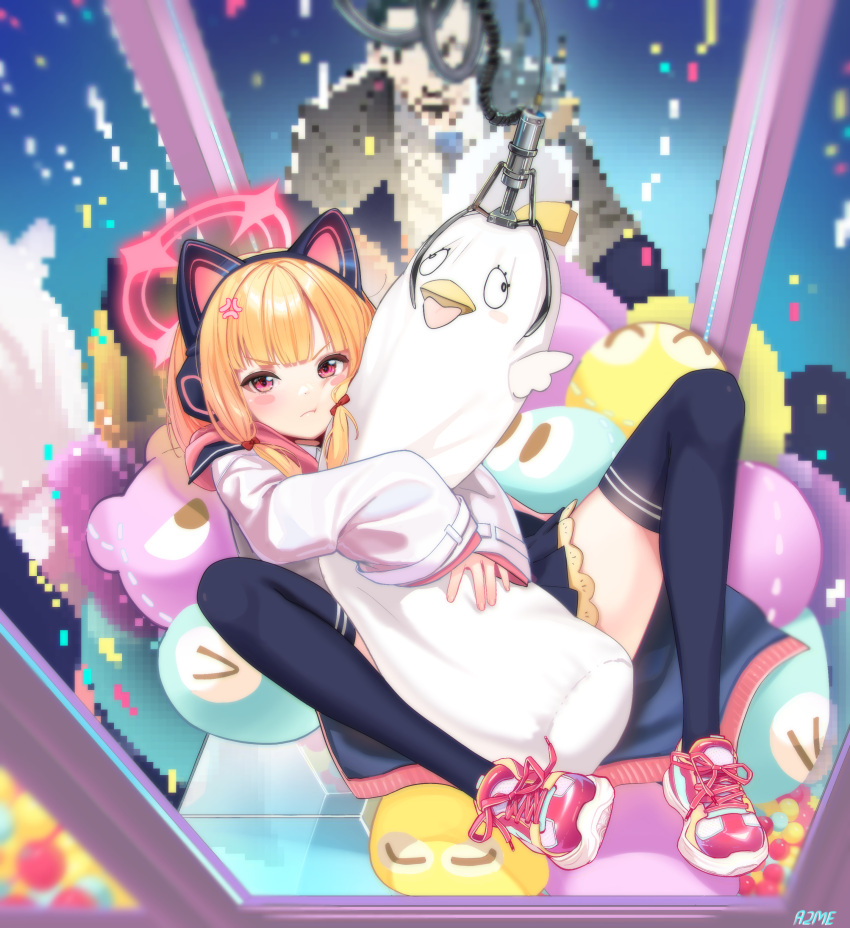 1girl :t aa2mee absurdres anger_vein animal_ear_headphones animal_ears arcade artist_name black_skirt black_thighhighs blonde_hair blue_archive blunt_bangs blush blush_stickers cat_ears cheek_squash closed_mouth crane_(machine) cross-laced_footwear english_commentary fake_animal_ears halo headphones highres hugging_doll hugging_object in_crane_game jacket knees_up long_sleeves looking_at_viewer momoi_(blue_archive) parted_bangs peroro_(blue_archive) pink_eyes pink_footwear pink_halo pixelated pixels shoes sidelocks skirt sleeves_past_fingers sleeves_past_wrists solo spread_legs stuffed_toy thighhighs v-shaped_eyebrows white_jacket