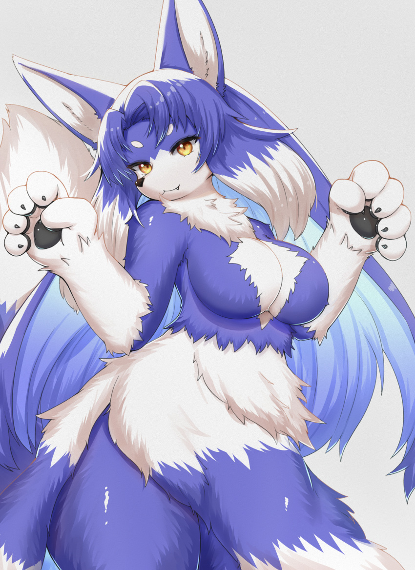 anthro breasts canid canine featureless_breasts female female_anthro fox fur hair hi_res horokusa0519 kemono looking_at_viewer mammal nude smile solo white_body white_fur