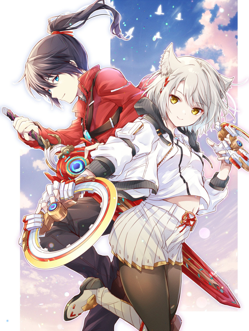 1boy 1girl animal animal_ear_fluff animal_ears bird black_hair black_pants black_pantyhose cat_ears chakram closed_mouth cloud commentary_request fingerless_gloves floating_hair gloves grey_hair hair_between_eyes highres holding holding_sword holding_weapon jacket long_hair long_sleeves looking_at_viewer mio_(xenoblade) navel noah_(xenoblade) open_clothes open_jacket pants pantyhose ponytail red_jacket shirt shoes short_hair skirt sky smile swept_bangs sword ui_frara weapon white_footwear white_gloves white_jacket white_shirt white_skirt xenoblade_chronicles_(series) xenoblade_chronicles_3