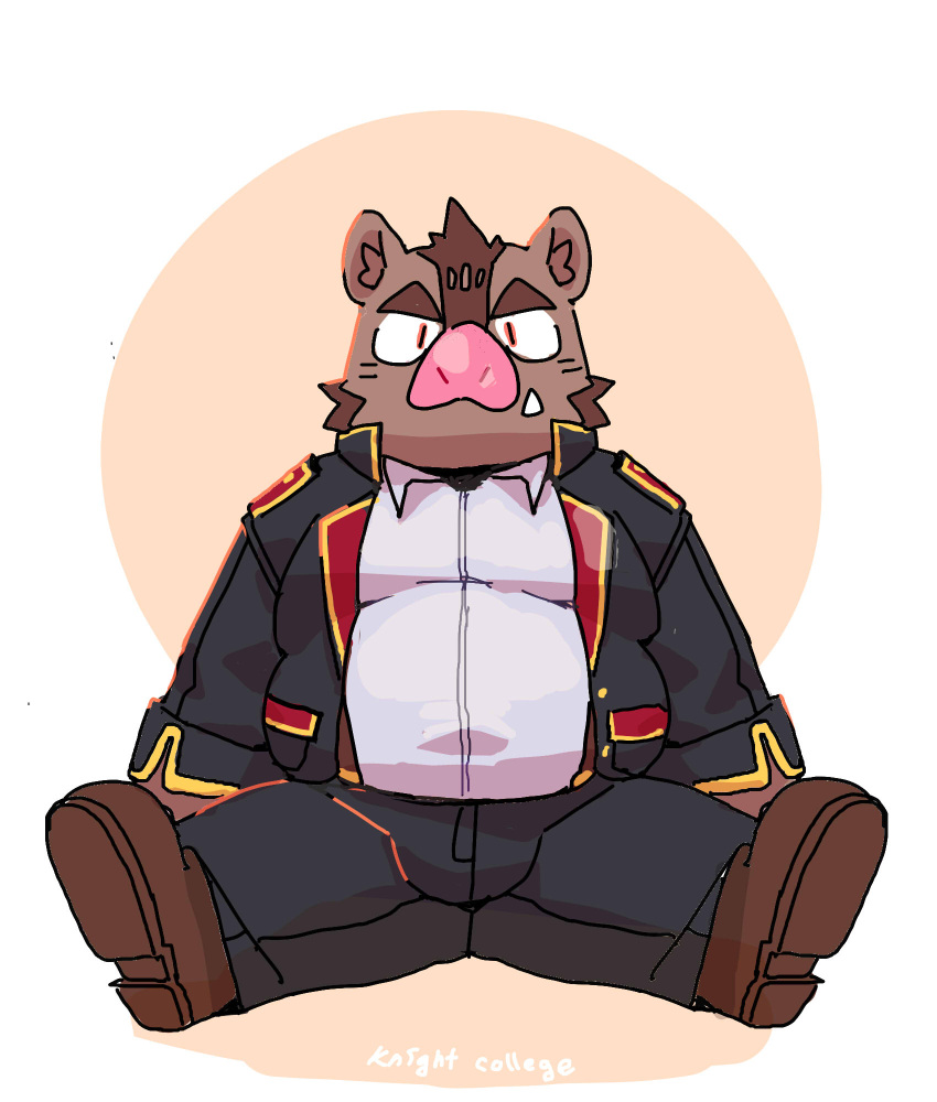 2023 anthro belly bottomwear brown_body clothing dubudubudubudub hermann_(knights_college) hi_res kemono knights_college male mammal overweight overweight_male pants shirt simple_background sitting solo suid suina sus_(pig) topwear wild_boar
