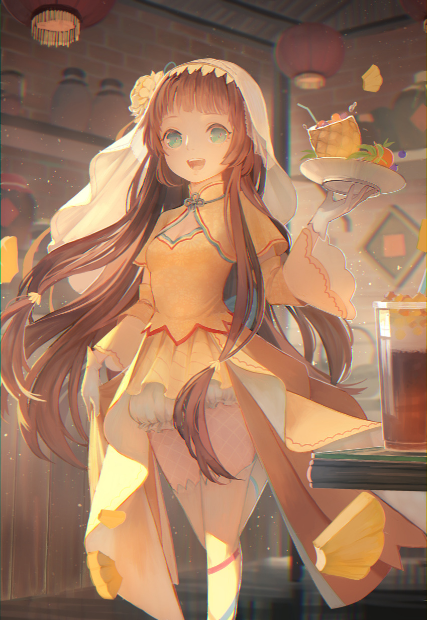1girl aqua_eyes bloomers brown_hair china_dress chinese_clothes detached_sleeves dress echosdoodle flower food food_fantasy fruit hair_flower hair_ornament highres lantern lolita_fashion long_hair open_mouth orange_dress pineapple pineapple_cake_(food_fantasy) pineapple_slice qi_lolita smile solo thighhighs tray underwear veil white_background white_thighhighs yellow_flower