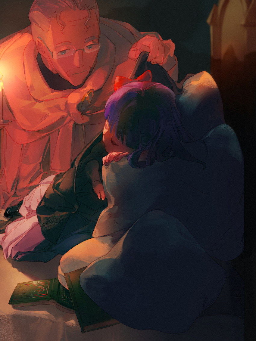 1boy 1girl book child fern_(sousou_no_frieren) foroxy glasses heiter highres looking_at_another night old old_man open_book pillow purple_hair robe sleeping sousou_no_frieren white_robe