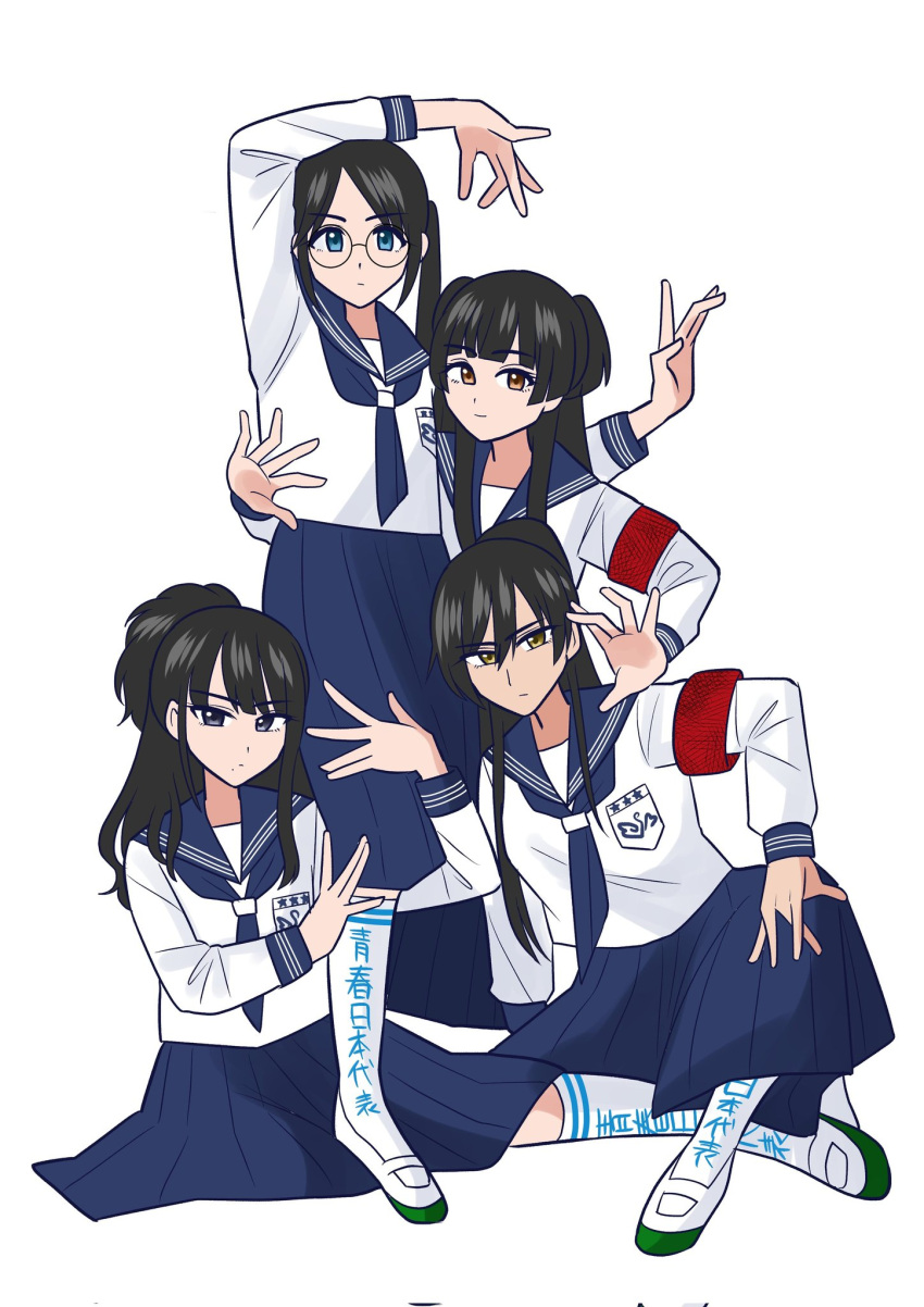 4girls atarashii_gakko! black_hair blue_neckerchief blue_skirt glasses half_updo highres idolmaster idolmaster_shiny_colors kazano_hiori kneehighs kuri_atama long_sleeves looking_at_viewer mayuzumi_fuyuko mitsumine_yuika multiple_girls neckerchief parody ponytail red_armband school_uniform serafuku shirase_sakuya shirt shoes simple_background skirt socks twintails two_side_up uwabaki white_background white_shirt