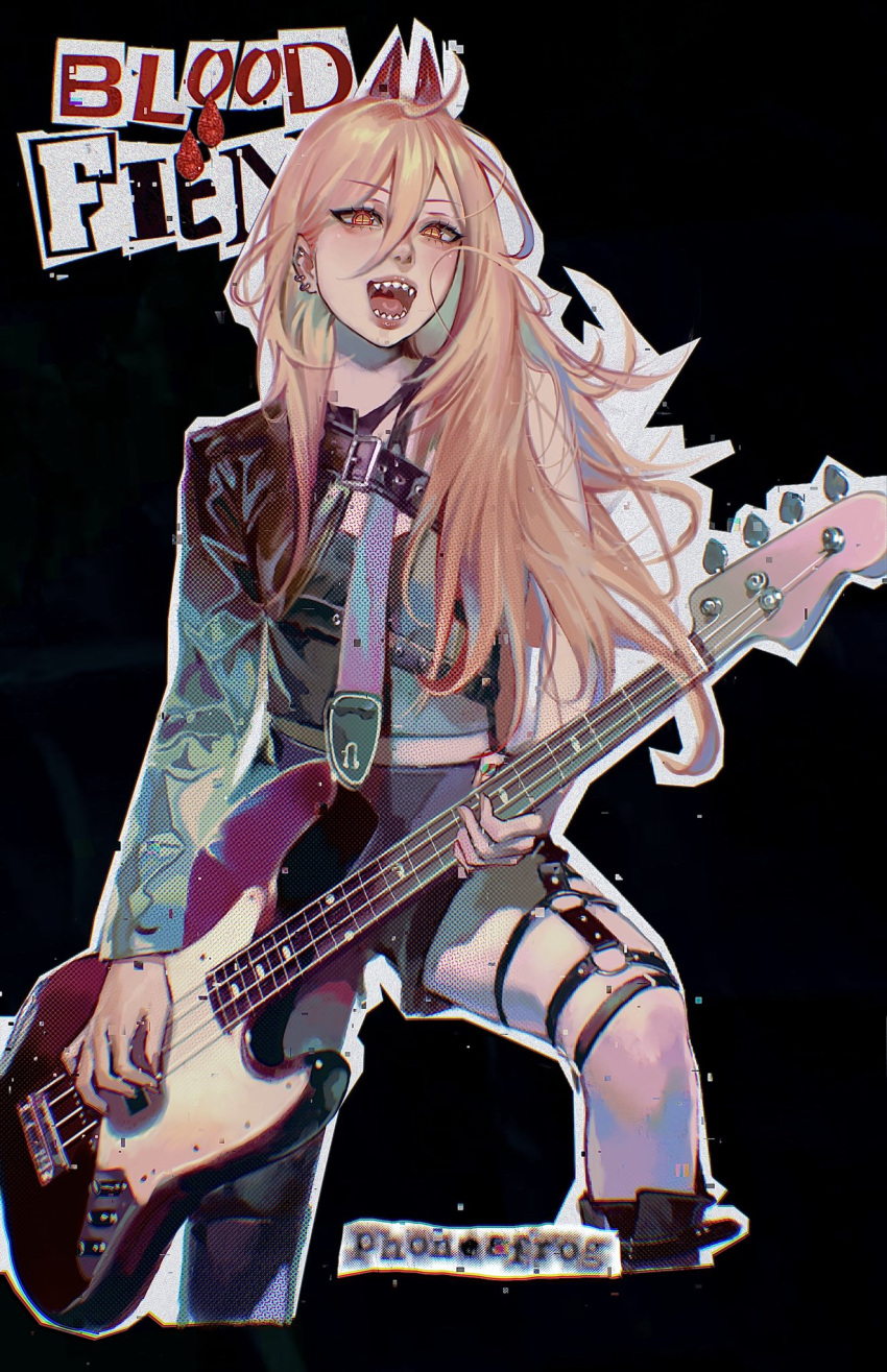 1girl artist_name black_background black_jacket blonde_hair chainsaw_man cross-shaped_pupils ear_piercing electric_guitar guitar hair_between_eyes halftone_texture highres holding holding_instrument horns instrument jacket long_hair looking_at_viewer open_mouth outline phoneafrog piercing power_(chainsaw_man) punk red_horns sharp_teeth simple_background smile solo symbol-shaped_pupils tagme teeth white_outline yellow_eyes