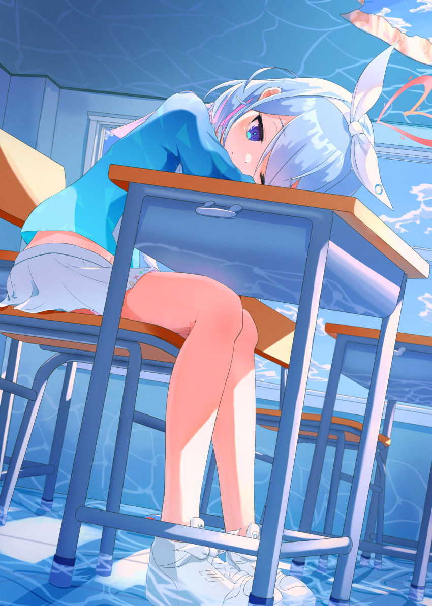 1girl absurdres arona_(blue_archive) bare_legs blue_archive blue_eyes blue_hair blue_pupils blue_shirt bow_hairband chair closed_mouth commentary_request desk dutch_angle full_body hair_ribbon hairband halo heart_halo highres humeiyo light_blue_hair long_sleeves midriff miniskirt multicolored_hair navel on_chair one_eye_closed pink_hair pink_halo pleated_skirt ribbon school_chair school_desk shirt shoes sitting skirt smile sneakers solo swept_bangs two-tone_hair white_footwear white_hairband white_ribbon white_skirt