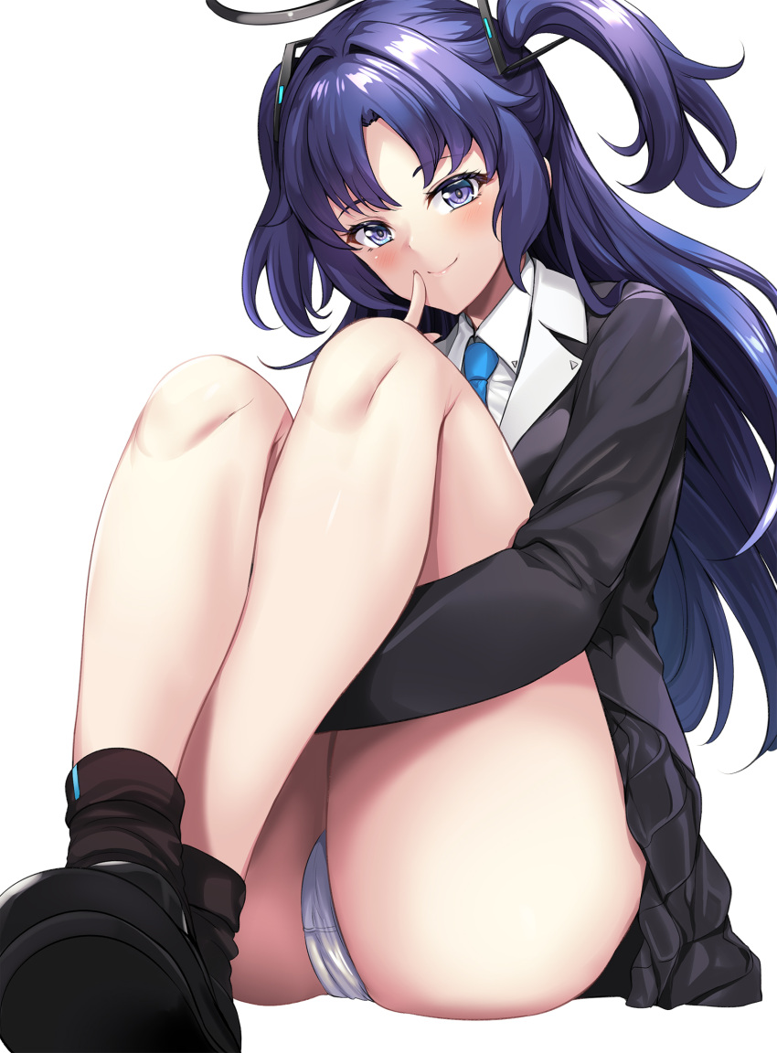 1girl black_footwear black_skirt blue_archive blue_eyes blue_hair blue_necktie blush closed_mouth commentary_request highres hinata_sora long_sleeves looking_at_viewer necktie panties simple_background sitting skirt smile thighs two_side_up underwear white_background white_panties yuuka_(blue_archive)