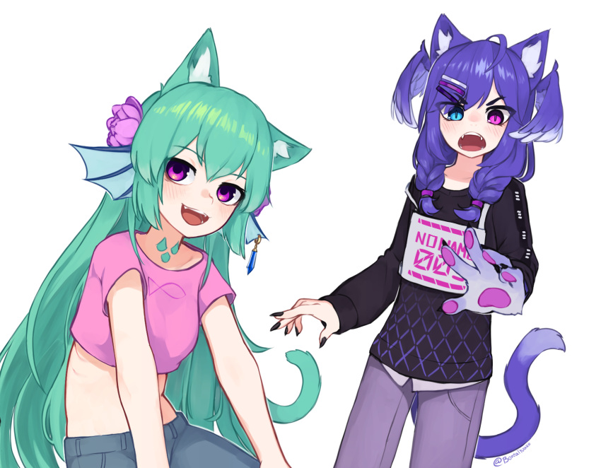 2girls animal_ear_fluff animal_ears animal_hands black_nails black_sweater braid cat_ears cat_girl cat_tail crop_top cropped_shirt fangs finana_ryugu fins fish_girl green_hair head_fins head_wings highres kemonomimi_mode leaning_forward medium_hair multiple_girls neck_tattoo nijisanji nijisanji_en pants pink_shirt purple_eyes purple_hair purple_pants selen_tatsuki shirt sweater tail tattoo twin_braids v-shaped_eyebrows virtual_youtuber white_background wings yoako