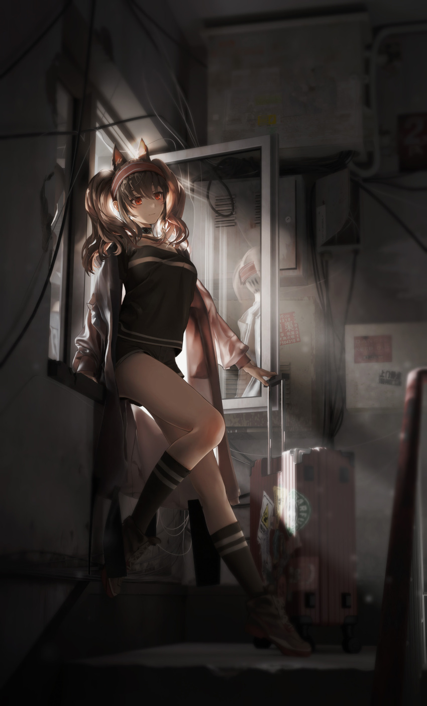 1girl absurdres angelina_(arknights) animal_ears arknights black_collar black_shirt black_shorts black_socks blush collar dark extra_ears fox_ears fox_girl grey_footwear hair_between_eyes highres infection_monitor_(arknights) jacket long_sleeves ludwind221 open_clothes open_jacket open_window red_eyes rolling_suitcase shirt shoes shorts sidelocks socks solo suitcase twintails window