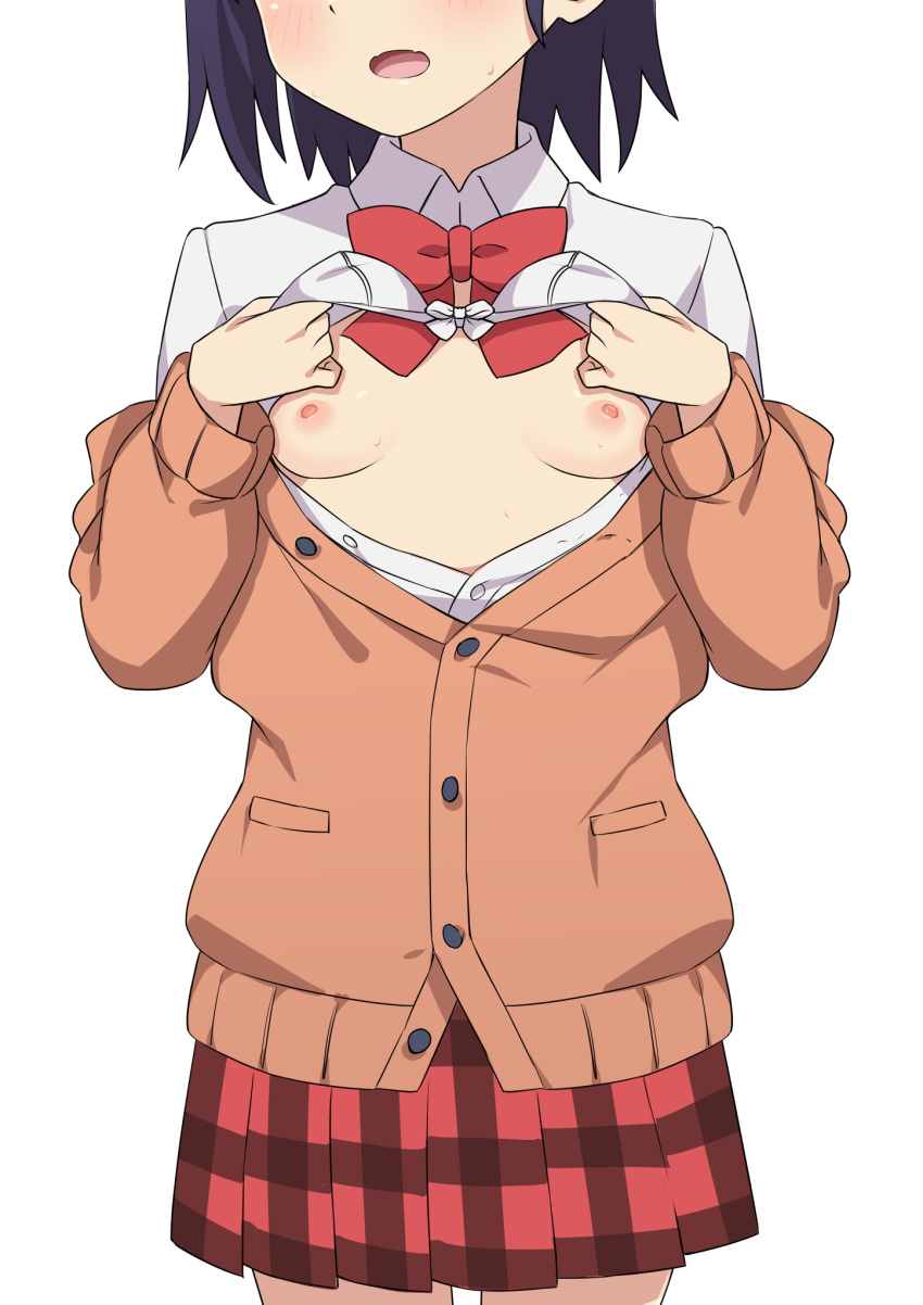 1girl black_hair blush breasts brown_cardigan cardigan fang gabriel_dropout head_out_of_frame highres morisobo nipples open_cardigan open_clothes open_mouth open_shirt red_skirt shirt simple_background skin_fang skirt small_breasts solo standing vignette_tsukinose_april white_background white_shirt