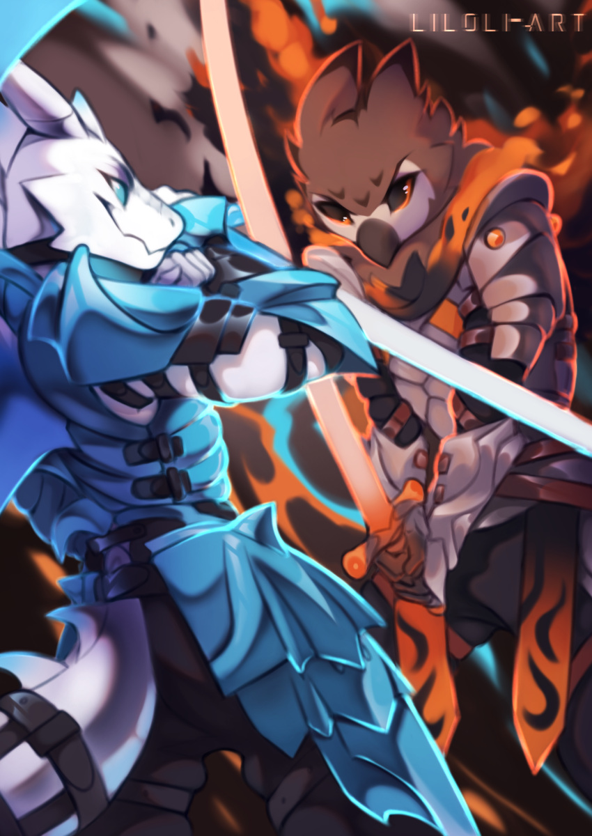 anthro armor avian belt bird blue_eyes cold dragon duo dynamic fantasy fight fire hi_res horn liloli_(artist) magic male melee_weapon owl ribbons smoldering smug spikes sword weapon wings yellow_eyes
