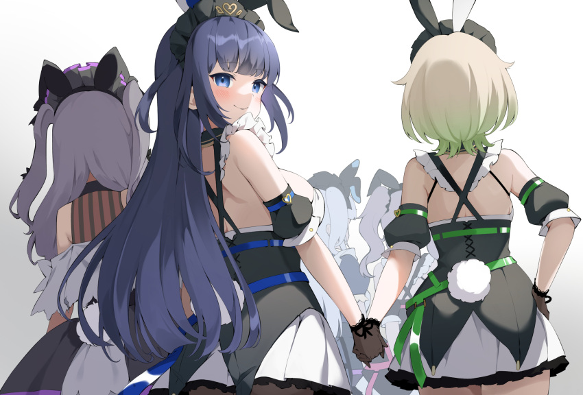 5girls ameno_inuku animal_ears black_dress black_sleeves blue_eyes blue_hair breasts brown_gloves character_request closed_mouth commentary_request connectopia detached_sleeves dress gloves gradient_background gradient_hair green_hair grey_background grey_hair highres holding_hands large_breasts light_brown_hair long_hair maid_headdress multicolored_hair multiple_girls pilokey pleated_skirt puffy_short_sleeves puffy_sleeves rabbit_ears rabbit_tail short_sleeves skirt smile tail two-tone_hair very_long_hair virtual_youtuber white_background white_skirt