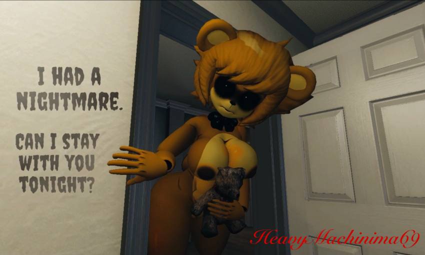 3d_(artwork) anthro asking_viewer bear big_breasts blonde_hair bow_tie breasts digital_media_(artwork) english_text female five_nights_at_freddy's fredina's_nightclub garry's_mod golden_freddy_(fnaf) golden_fredina_(cally3d) hair heavymachinima69 hi_res holding_object holding_plushie holding_teddy_bear hollow_eyes looking_at_viewer mammal nude nude_female plushie pupils scottgames solo standing_in_doorway teddy_bear text thick_thighs white_pupils yellow_body